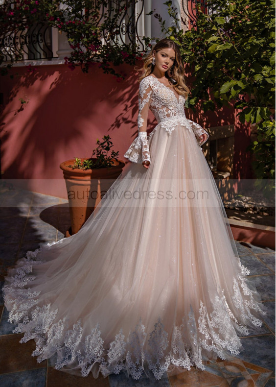 Bell Sleeves Beaded Lace Tulle Peplum Wedding Dress